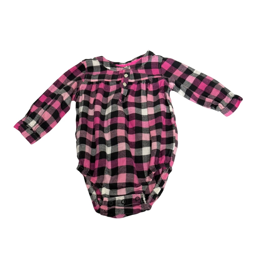 OshKosh Bgosh Baby Girl 6M Pink Black Buffalo Plaid Flannel Bodysuit Long Sleeve